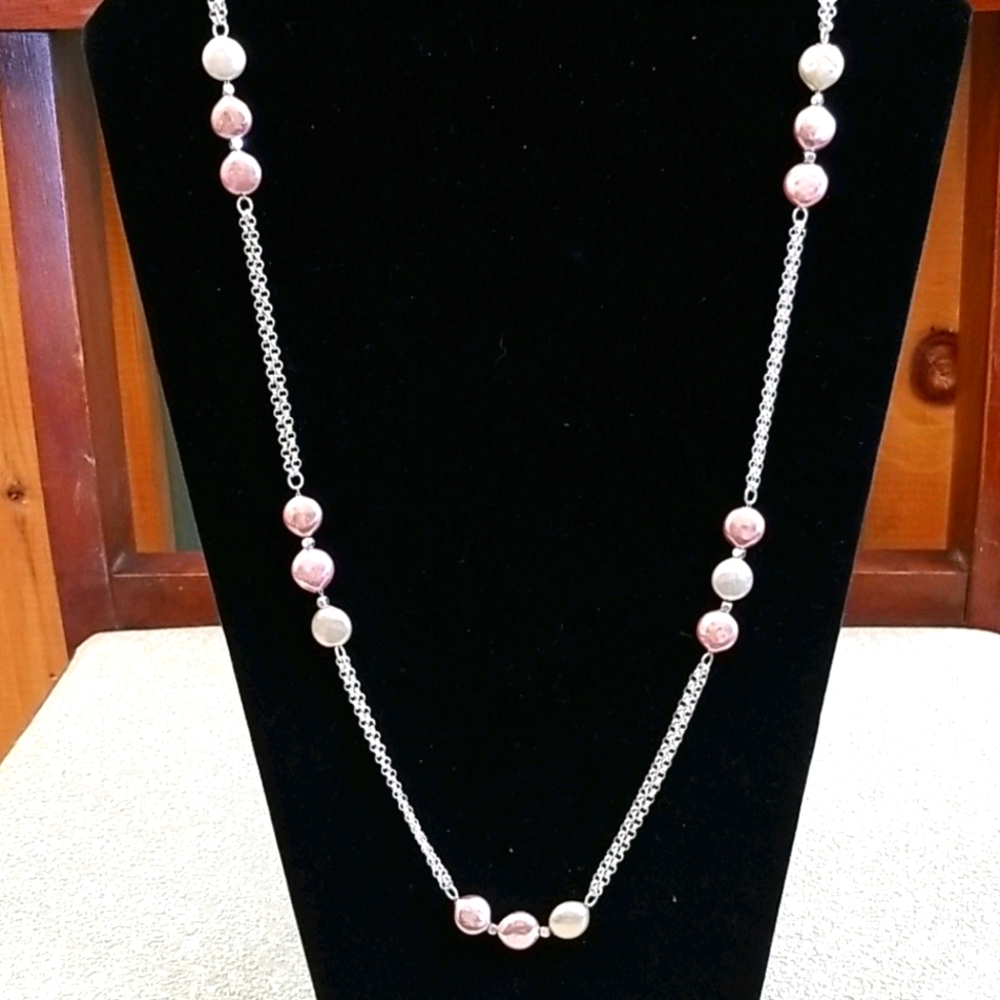 Chain and pearl tone bead necklace
